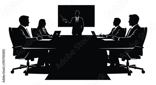 A silhouetted business meeting is in progress featuring a presenter and seated colleagues high quality professional