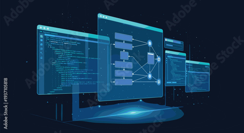 Software Development Flowchart with Code Windows and Data Processing Interface on Dark Background, Cad Drawing Flat Vector Illustration, Program Script