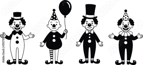 Vintage circus clown characters set, retro cartoon clowns with hats balloon and costumes, black and white playful carnival mascot vector illustration design