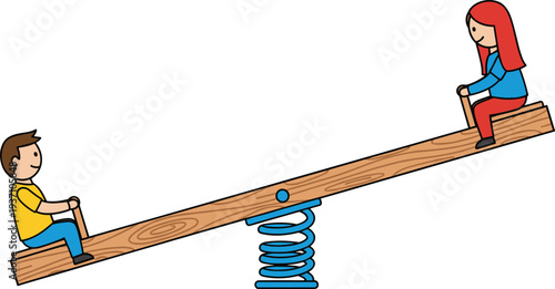 Happy children playing on wooden seesaw at playground representing childhood fun outdoor recreation physical activity and friendship at park