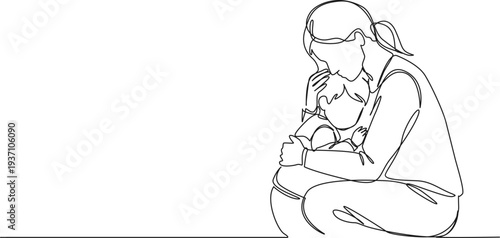 continuous line drawing of mother soothing sad child, line art vector illustration