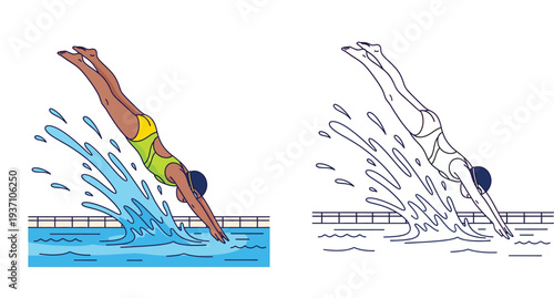 Female swimmer diving into pool illustration. Side-by-side colored flat design and black and white line art vector showing a woman athlete jumping into water with splash.