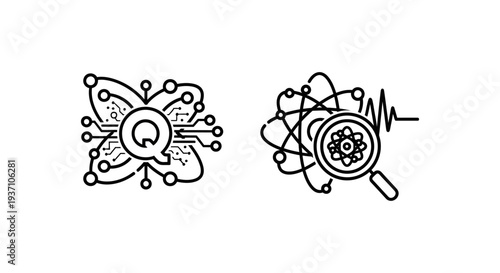 Quantum computing icons with stylized atom and circuits, representing advanced research and technology.