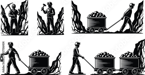 Hardworking miners in underground coal mine tunnels with pickaxe hammer and ore carts representing historical industrial labor and resource extraction