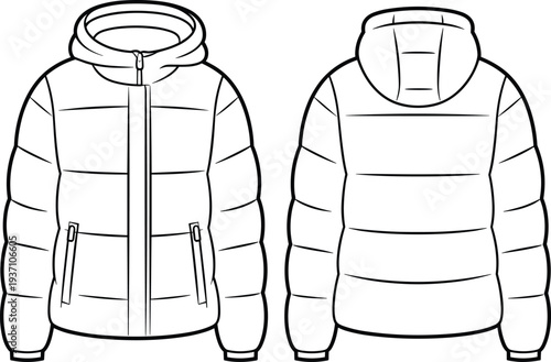 Two Front and Back Views of a Light Gray Padded Jacket with a Hood and Zippers pockets