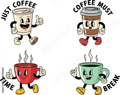 Cute coffee cup cartoon mascot set, funny cafe drink characters with quotes, coffee break concept vector illustrationith quotes, coffee break concept vector illustration