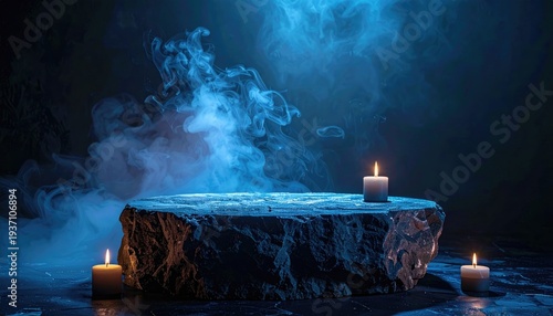 Mystical stone altar with flickering candles and atmospheric blue smoke.