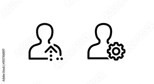 User onboarding and setup icons: silhouette of person with upward arrow and dots for onboarding, and person with gear icon for setup, illustrating user experience and configuration.