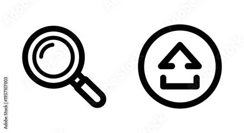 Icons representing search and upload, featuring a magnifying glass and an upload symbol.