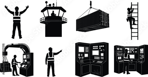 Industrial logistics worker silhouette set featuring harbor crane operators, signalmen, control room technicians, and shipping container transport vector illustration.