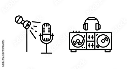 Icons for audio production: a vintage microphone with a spotlight and a DJ turntable setup with headphones.