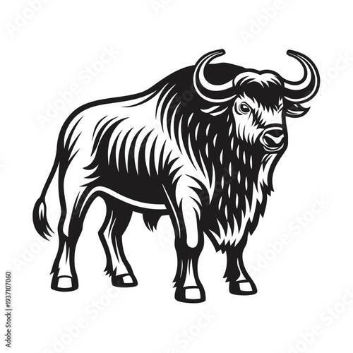 A strong silhouette of a bull stands confidently upon the grassy ground