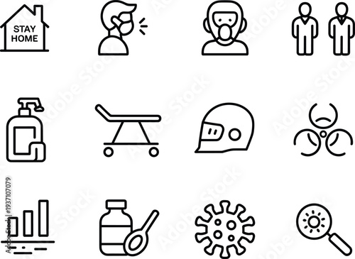 Coronavirus prevention medical line icons set, stay home, face mask, sanitizer, biohazard, virus detection, healthcare pandemic safety