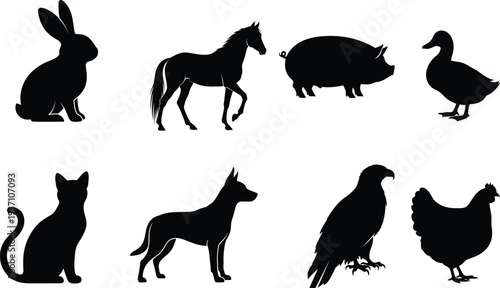 Black silhouettes of various farm and domestic animals