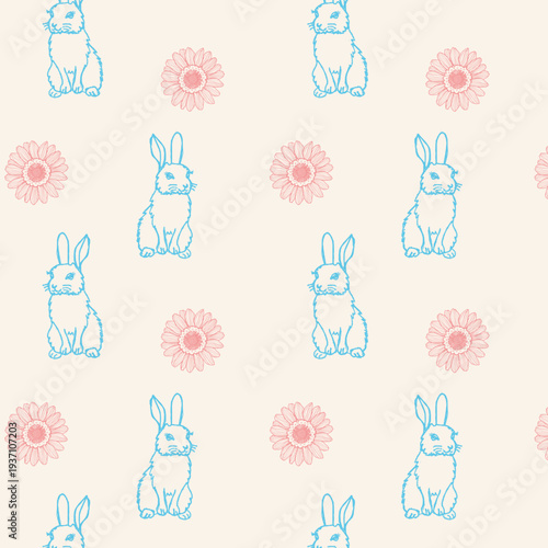 Pattern con coniglietti e margherite azzurro e rosa su sfondo crema