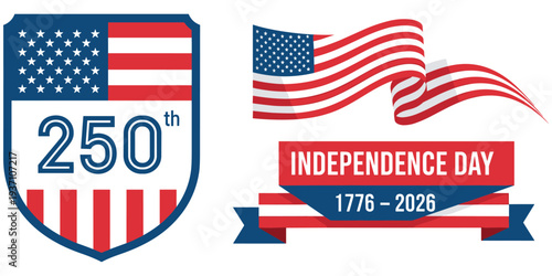 USA 250 Independence Day emblem illustration, patriotic anniversary artwork, American flag design tribute, national celebration graphic, historic milestone concept, freedom heritage theme flat vector 
