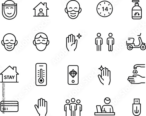 Covid safety and prevention line icons set, face mask, hand wash, sanitizer, stay home, social distancing