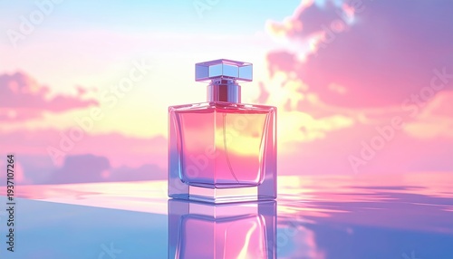 Elegant perfume bottle reflecting a vibrant sunset sky over calm water.