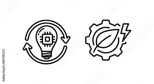 Low power AI and energy efficient AI icons, symbolizing artificial intelligence, smart technology, innovation, eco-friendly, green tech, machine learning, circuit, leaf, gear