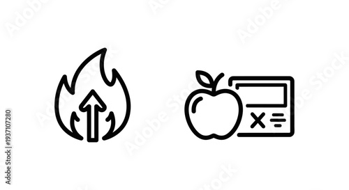 Calories burned and calorie count icons, representing health, diet, fitness, weight loss, healthy lifestyle, nutrition, energy, sport, exercise, apple, calculator, fire