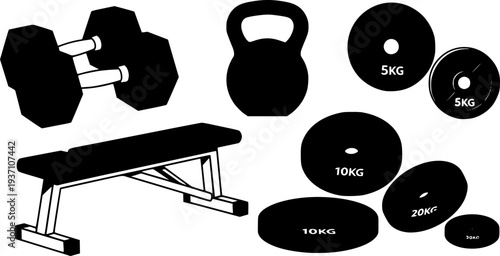 Fitness equipment vector set with dumbbells kettlebell bench and weight plate for gym workout training
