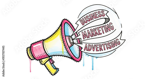 Megaphone Speech Bubble Banner, Y2K Pop Art Watercolor with Dotted Line Illustration