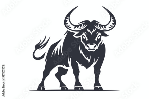 Strong black bull stands powerfully; design features prominent horns and defined musculature