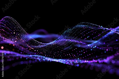 Abstract flowing lines of glowing purple and blue particles creating an ethereal wave pattern on a dark background representing data or energy flow