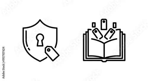 Icons for metadata management and metadata catalog, featuring a shield with a keyhole and tag, and an open book with tags, for data organization and searching.
