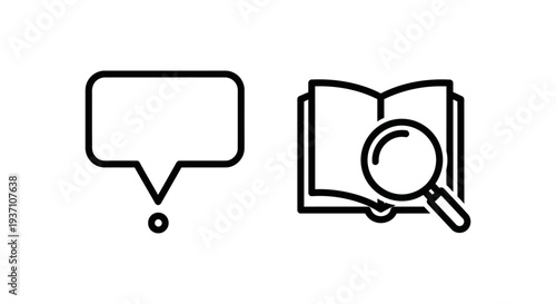 Tooltip icon next to open book with magnifying glass, representing search, information, and guidance. Simple line art vector graphic.