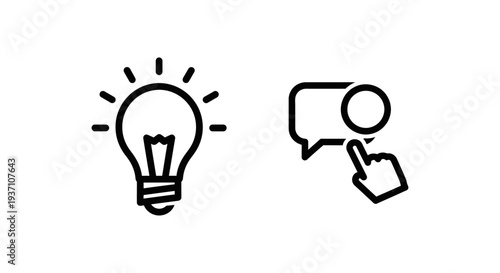 Lightbulb tip icon and hand interacting with tooltip information bubble, signifying ideas, guidance, and user assistance. Vector graphic illustration.