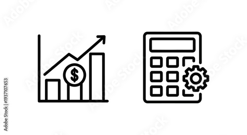 Affiliate ROI bar chart with upward arrow and dollar sign, plus calculator with gear icon, symbolizing financial growth and analytics. Line art vector.