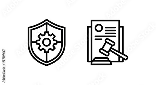 Data governance shield with gear icon and governance policy document with gavel, representing security, control, and legal compliance. Outline vector.
