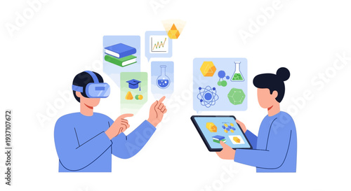 VR Education and Digital Learning Platform. Students use Virtual Reality Headsets and Tablets for Immersive E-Learning, STEM Training, and Academic Study.