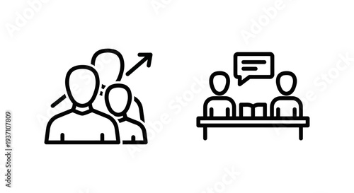 Business onboarding and training icons: team growth and partner learning, symbolizing employee integration and skill development