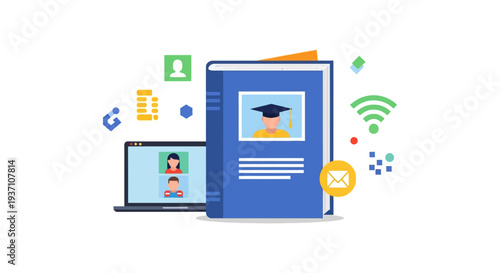 E-Learning and Online Education Concept: Remote University Course, Video Conference Class, and Digital Graduation Book Illustration.