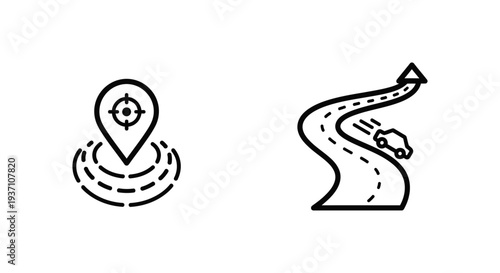 Location and navigation icons: live tracking pin and route with car, illustrating GPS, real-time location services, and travel