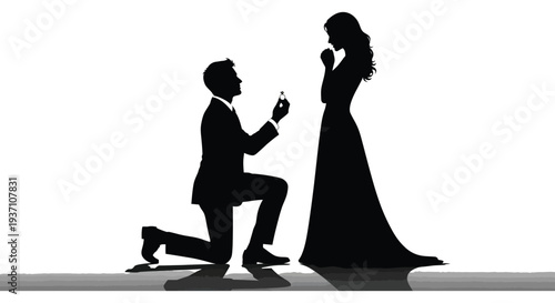 A silhouetted man proposes to a woman presenting a ring in a romantic heartfelt moment