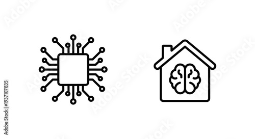 Artificial intelligence icons: central processing unit and brain in house, representing AI at the edge and local AI processing
