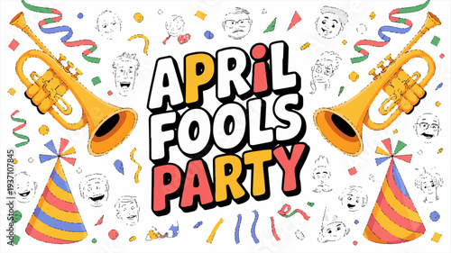 Vibrant april fools' party background with colorful confetti trumpets and hats