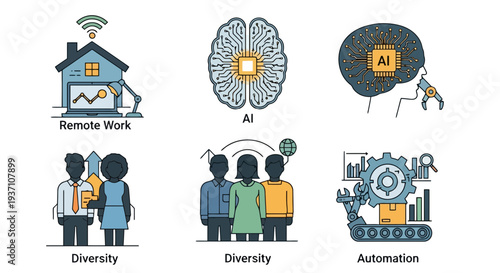 Modern business concepts including remote work, AI, diversity, and automation