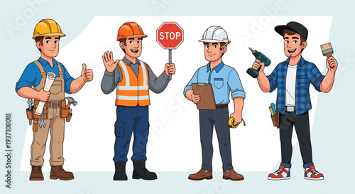 Four construction workers in various poses with tools and safety gear