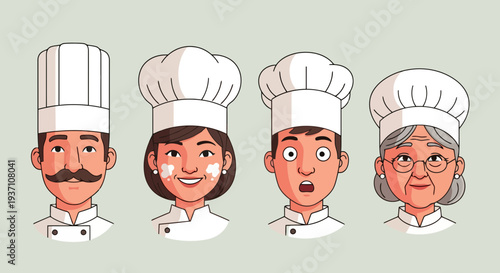 Diverse chefs smiling and looking happy in chef hats and uniforms