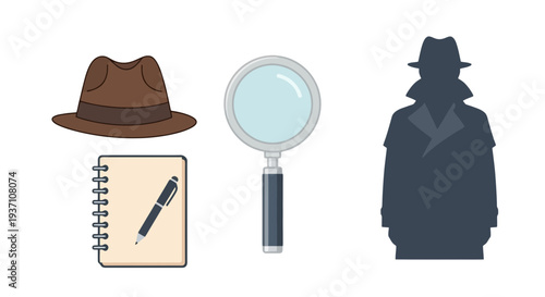 Detective investigating clues with magnifying glass and notebook