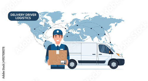 Delivery driver holding package in front of logistics van on global delivery route