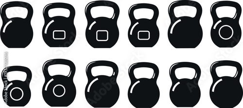 Kettlebell Fitness Icon Set with Strength Training Weight Symbols for Gym Workout, Bodybuilding Exercise, and Sports Equipment Design