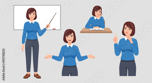 Female teacher presenting in classroom with various gestures