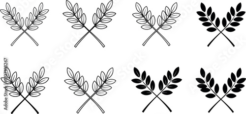 Laurel Wreath Branch Icon Set with Crossed Leaf Symbols for Award, Victory, Achievement, Honor Badge, Ceremony Decoration, and Classic Emblem Design