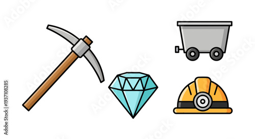 Mining equipment and gemstone icons set for industrial use