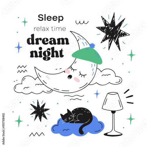 Sleep, relax time, dream night doodle set. Concept comfort night sleep time. Hand drawn sketch style. Moon, cat, star, lamp element. Vector illustration on white background. vector